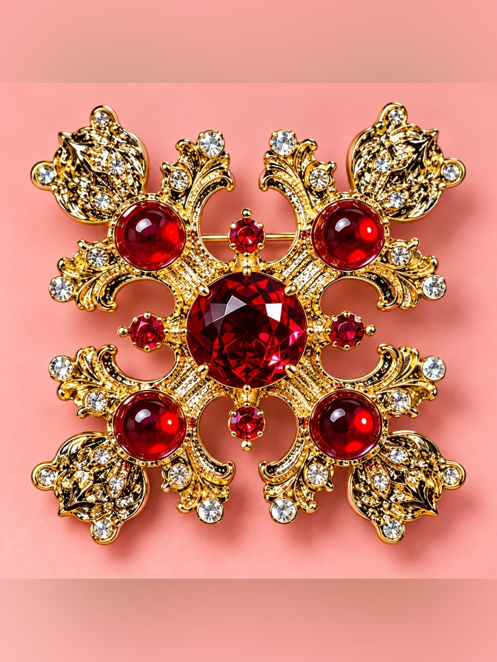 Gold-tone Brooch with Red Crystal Accents